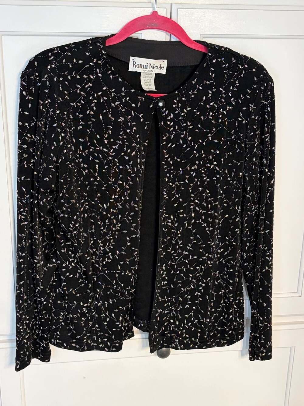 Ronni Nicole by Ouida Vintage Black Glam Glitter Leaf Cardigan Jacket Size S